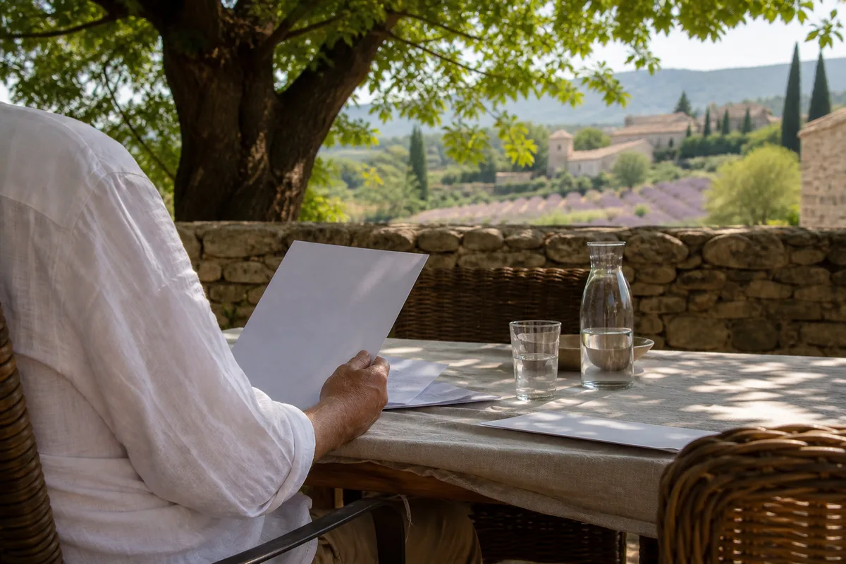 Personne consultant des documents administratifs à la table d’une cuisine familiale