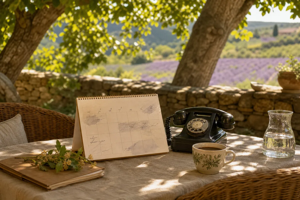 Calendrier mural annoté à côté d&rsquo;un téléphone et d&rsquo;une tasse de café