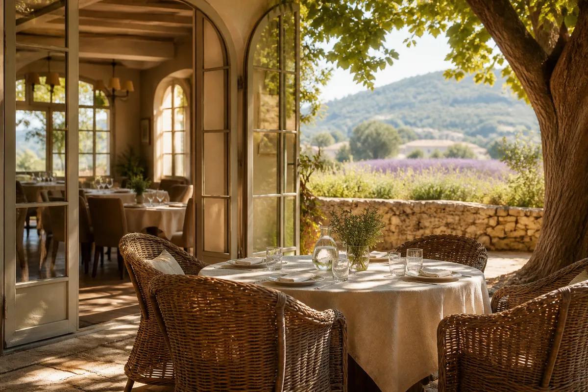 Salle à manger lumineuse d’une maison de retraite avec tables dressées et fauteuils