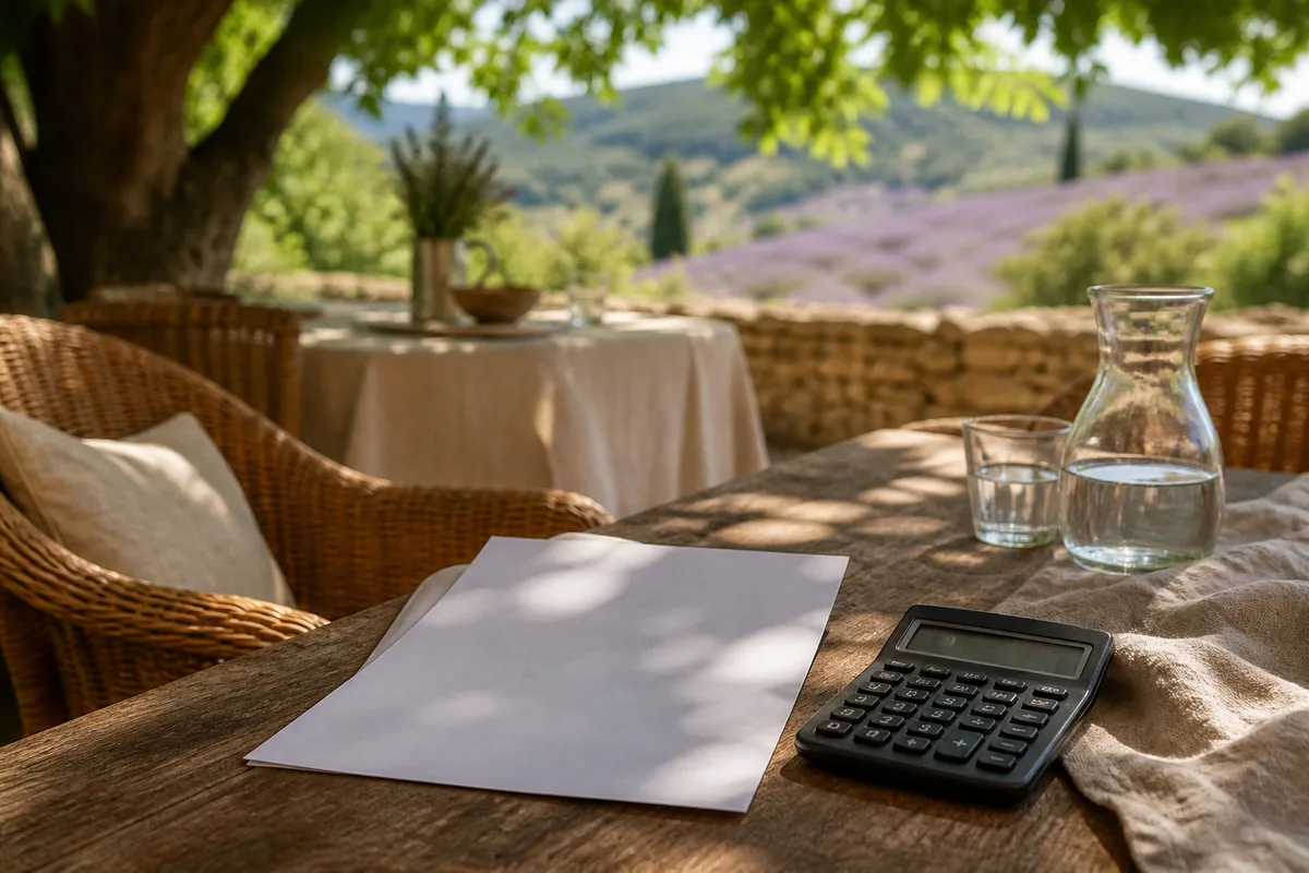 Facture d&rsquo;établissement et calculatrice posées sur un bureau en bois