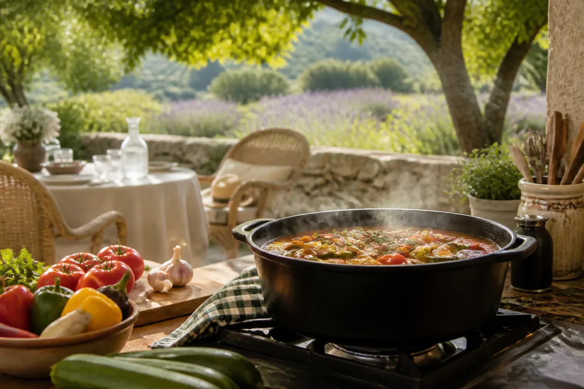 Cocotte en fonte fumante sur une cuisinière, entourée de légumes et d’un torchon à carreaux
