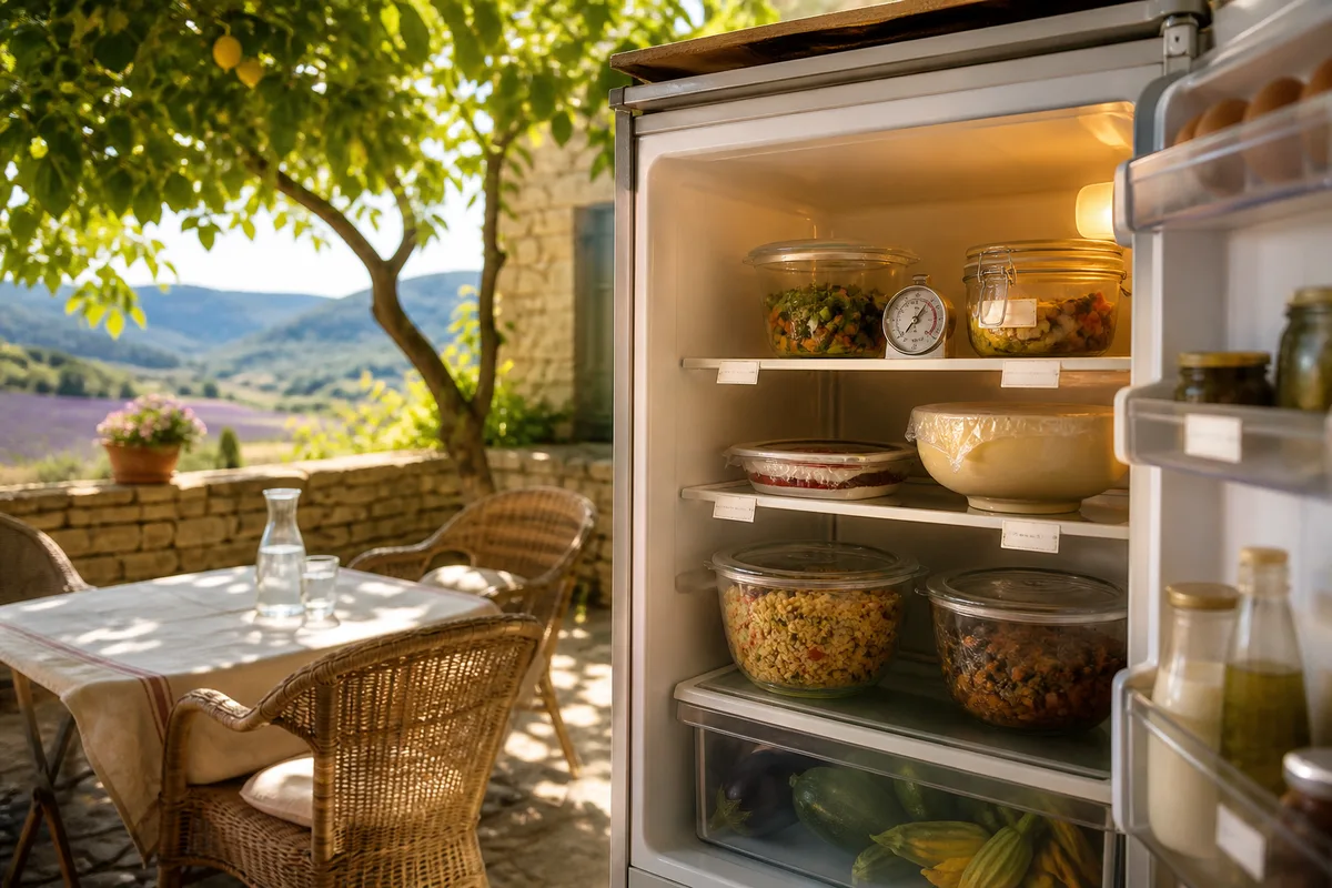 Réfrigérateur ouvert montrant des plats couverts, un thermomètre et des étiquettes datées