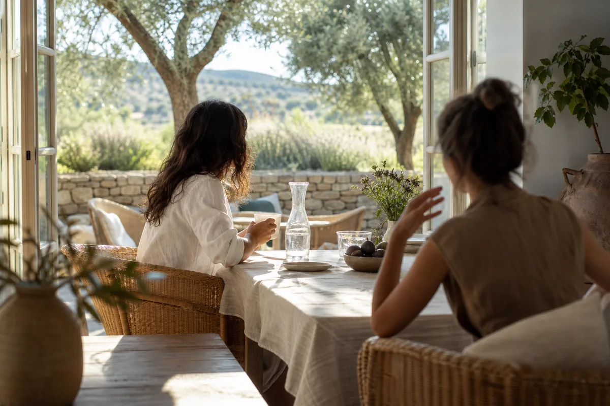 Deux personnes discutant autour d&rsquo;une table dans un salon lumineux ouvert sur un jardin